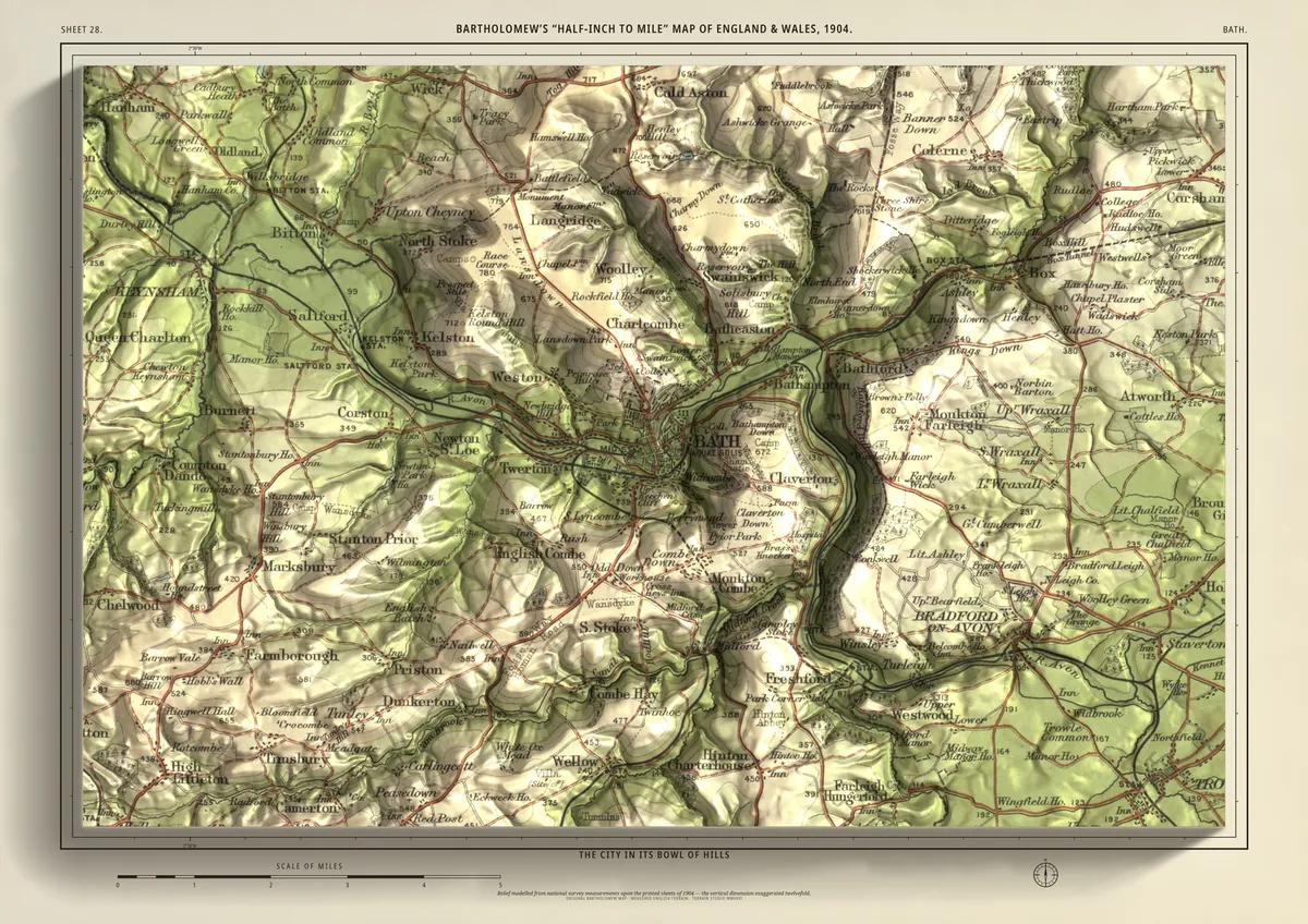 Bath: Bartholomew’s half-inch map of the city in its bowl of hills, shaded from measured terrain