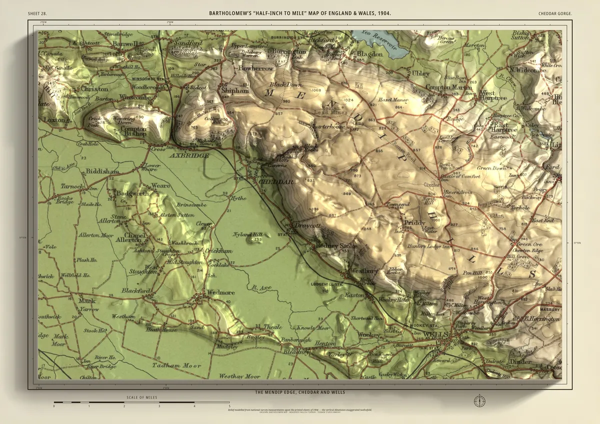 Cheddar Gorge: Bartholomew’s half-inch map of the Mendip edge, Cheddar and Wells, shaded from measured terrain
