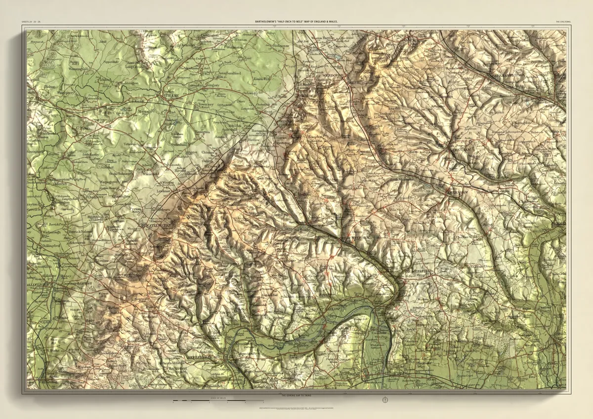 The Chilterns: Bartholomew’s half-inch map of the Goring Gap to Tring, shaded from measured terrain