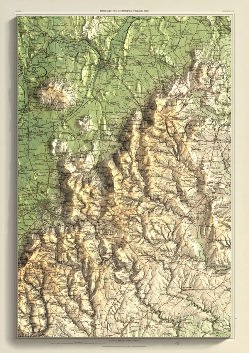 The Cotswold Edge: Bartholomew’s half-inch map of Cheltenham, Broadway and the escarpment, shaded from measured terrain