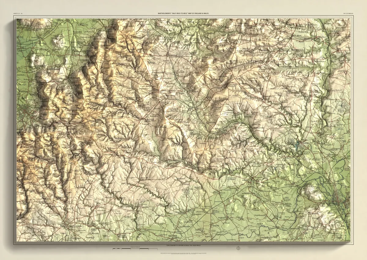 The Cotswolds: Bartholomew’s half-inch map of Cheltenham to Oxford across the high wold, shaded from measured terrain