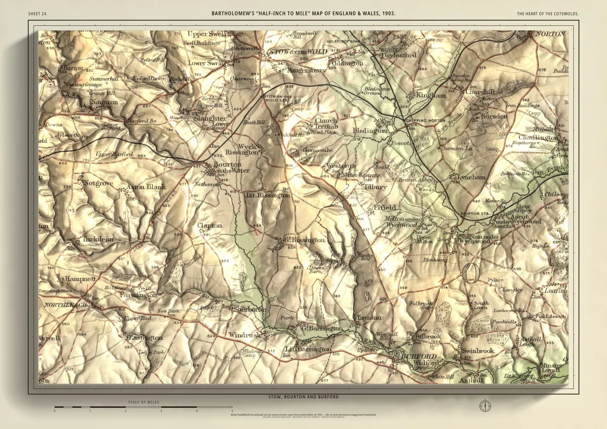 The Heart of the Cotswolds: Bartholomew’s half-inch map of Stow, Bourton and Burford, shaded from measured terrain