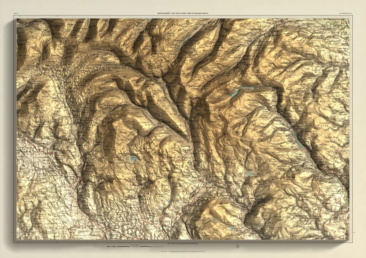 The Yorkshire Dales: Bartholomew’s half-inch map of the Three Peaks, Malham and Wharfedale, shaded from measured terrain