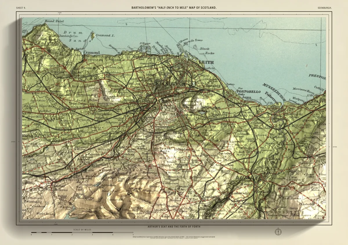 Edinburgh: Bartholomew’s half-inch map of Arthur's Seat and the Firth of Forth, shaded from measured terrain