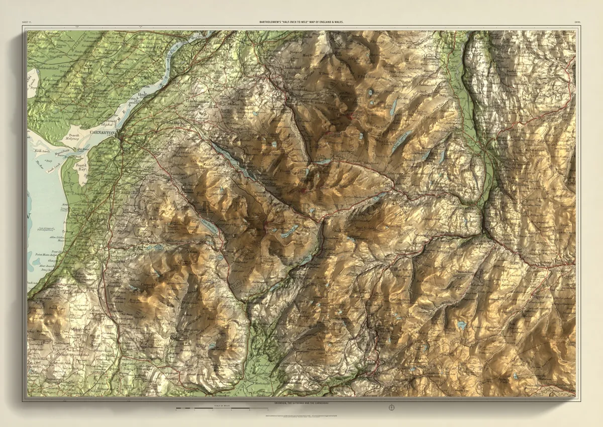 Eryri: Bartholomew’s half-inch map of Snowdon, the Glyderau and the Carneddau, shaded from measured terrain
