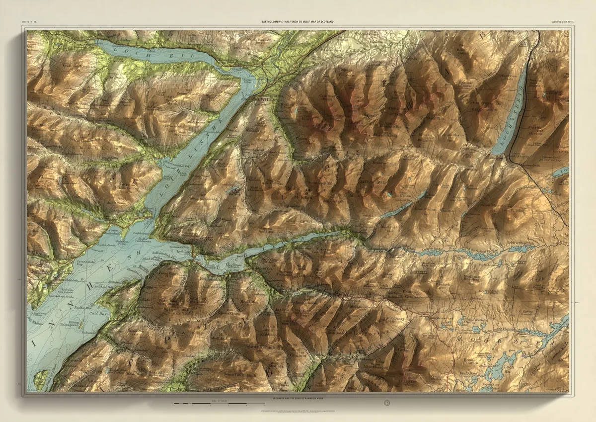 Glen Coe & Ben Nevis: Bartholomew’s half-inch map of Lochaber and the edge of Rannoch Moor, shaded from measured terrain