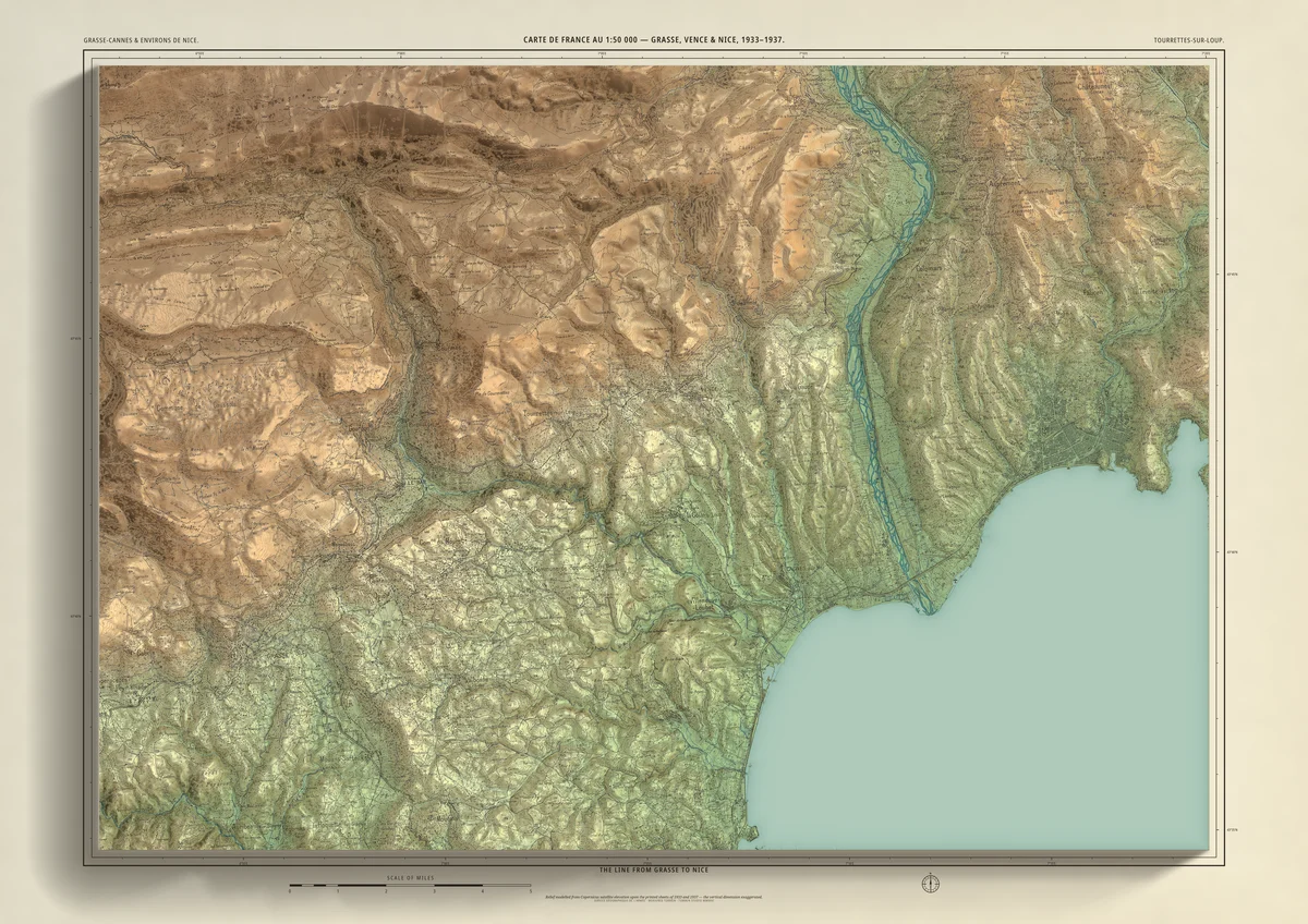 Grasse to Nice: the French army’s 1930s 1:50,000 map of the hills behind the Côte d’Azur, shaded from measured terrain, with the old railway through Tourrettes-sur-Loup and Vence