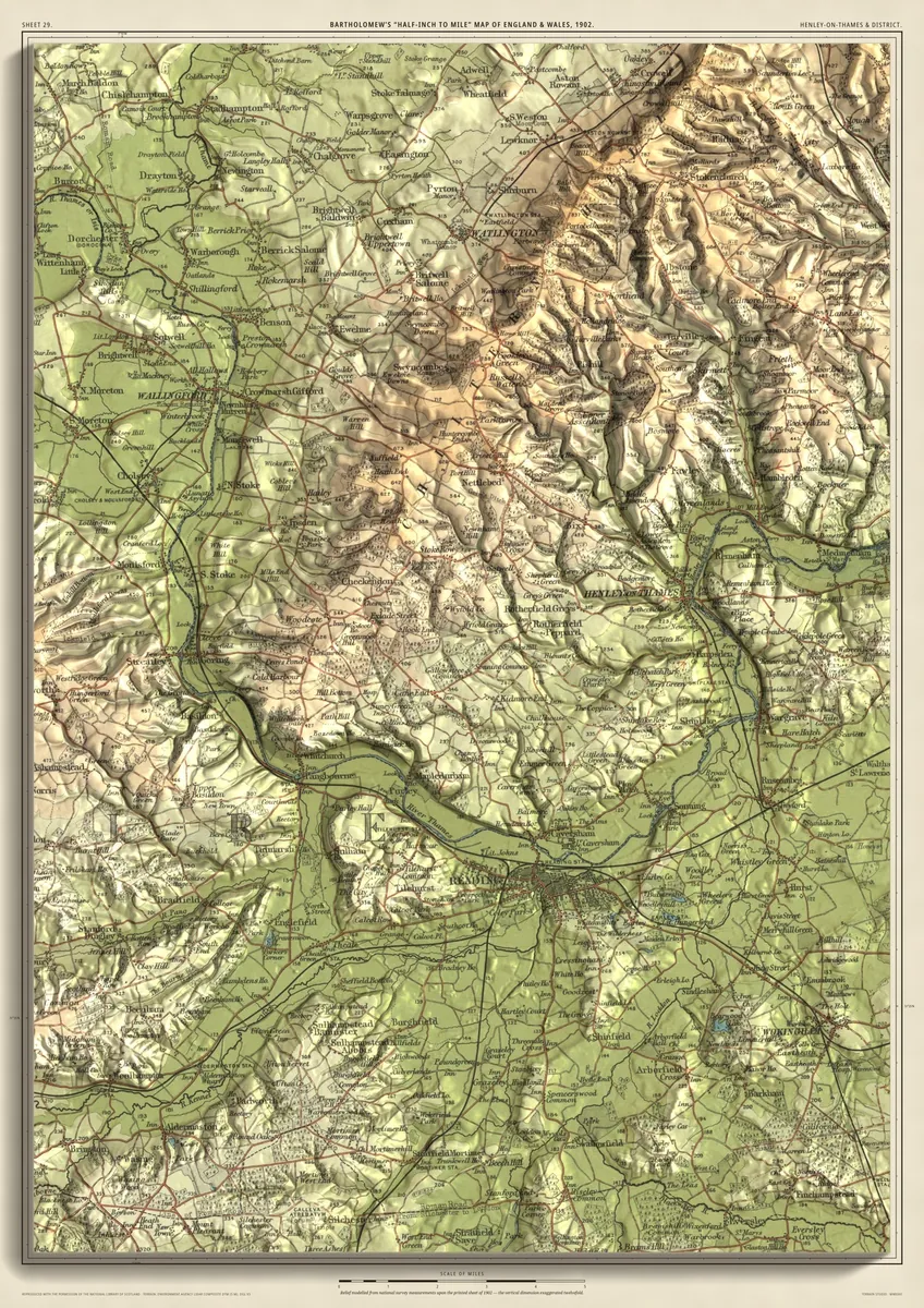 Henley-on-Thames & District: Bartholomew’s half-inch map of Reading, Henley and the Goring Gap, shaded from measured terrain