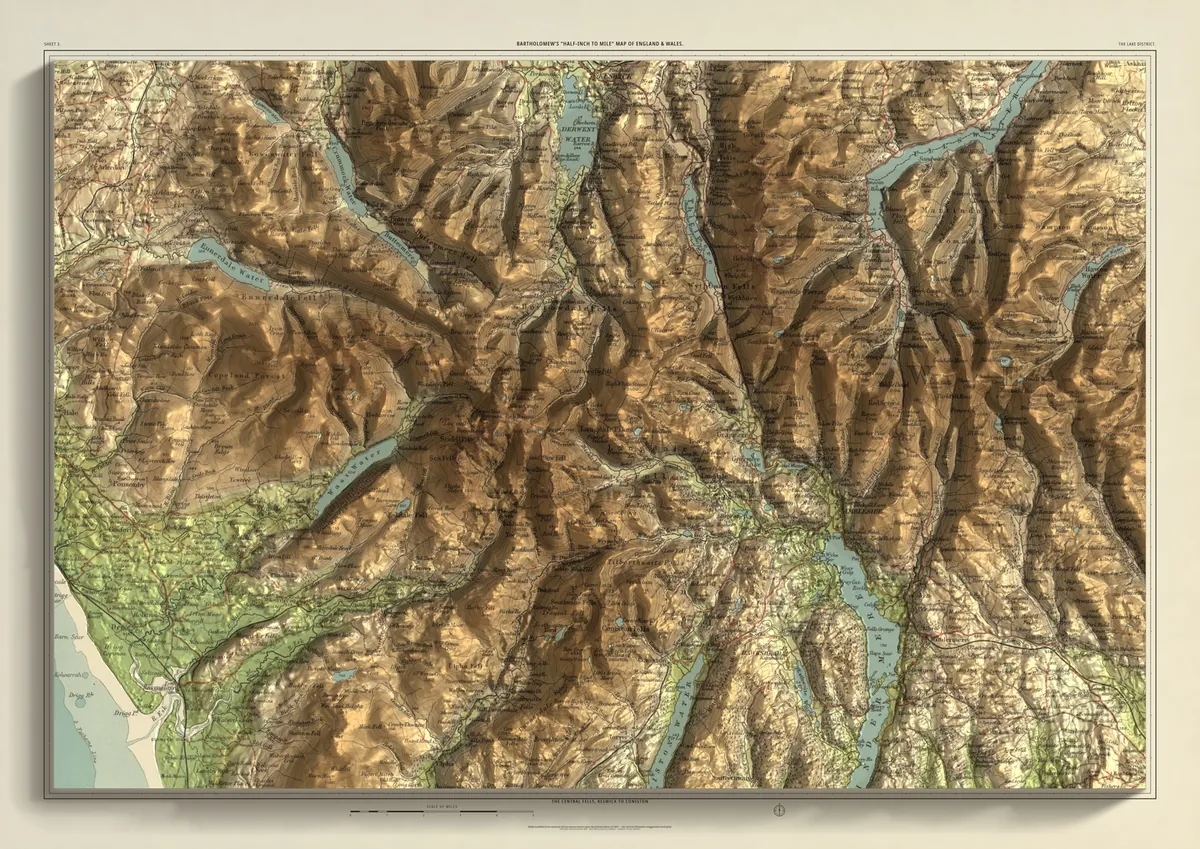 The Lake District: the Bartholomew half-inch map of the central fells, keswick to coniston, with the fells shaded from measured terrain