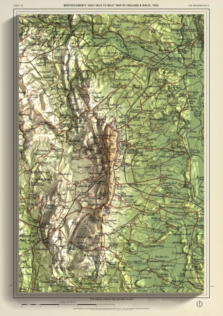 The Malvern Hills: Bartholomew’s half-inch map of the ridge above the Severn plain, shaded from measured terrain