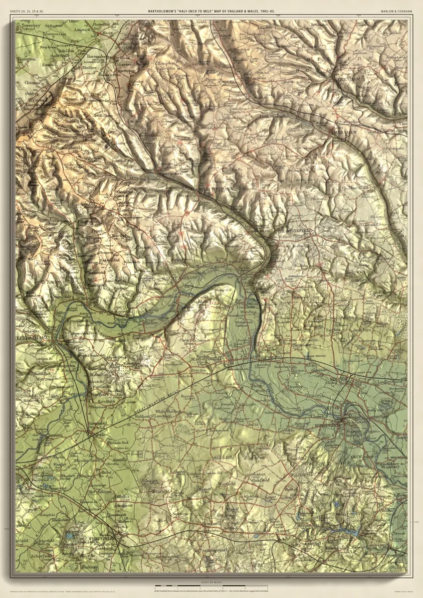 The Thames at Marlow & Cookham: Bartholomew’s half-inch map of Marlow, Bourne End, Cookham and Maidenhead, shaded from measured terrain