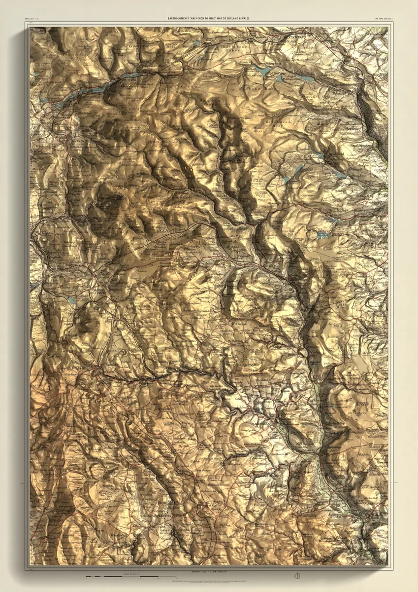 The Peak District: Bartholomew’s half-inch map of Kinder Scout to Chatsworth, shaded from measured terrain