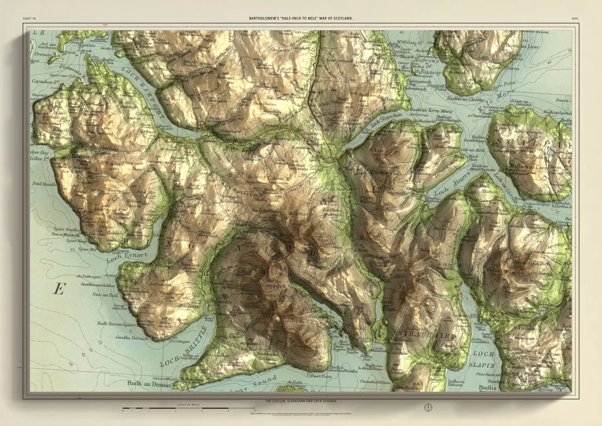 Skye: Bartholomew’s half-inch map of the Cuillin, Sligachan and Loch Scavaig, shaded from measured terrain