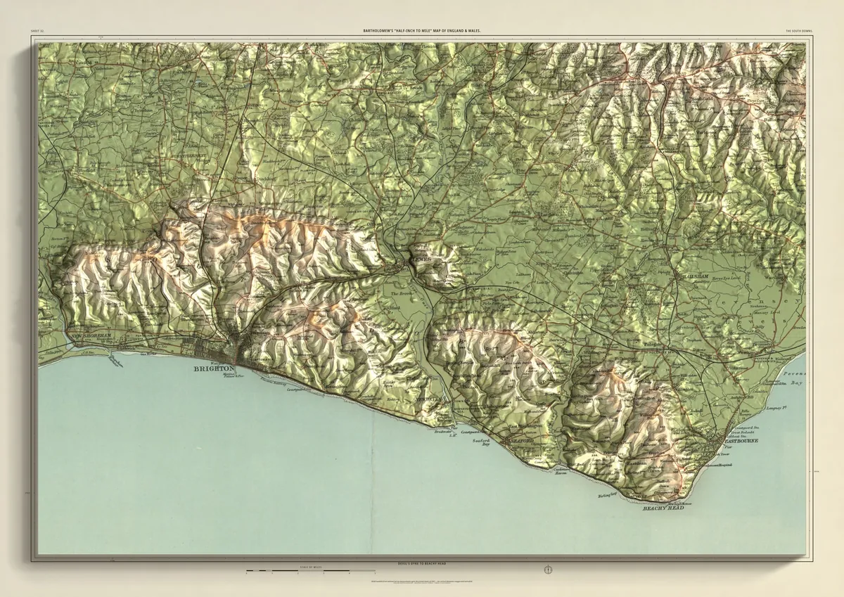 The South Downs: Bartholomew’s half-inch map of Devil's Dyke to Beachy Head, shaded from measured terrain