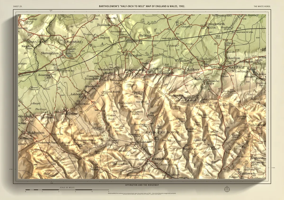 The White Horse: Bartholomew’s half-inch map of Uffington and the Ridgeway, shaded from measured terrain