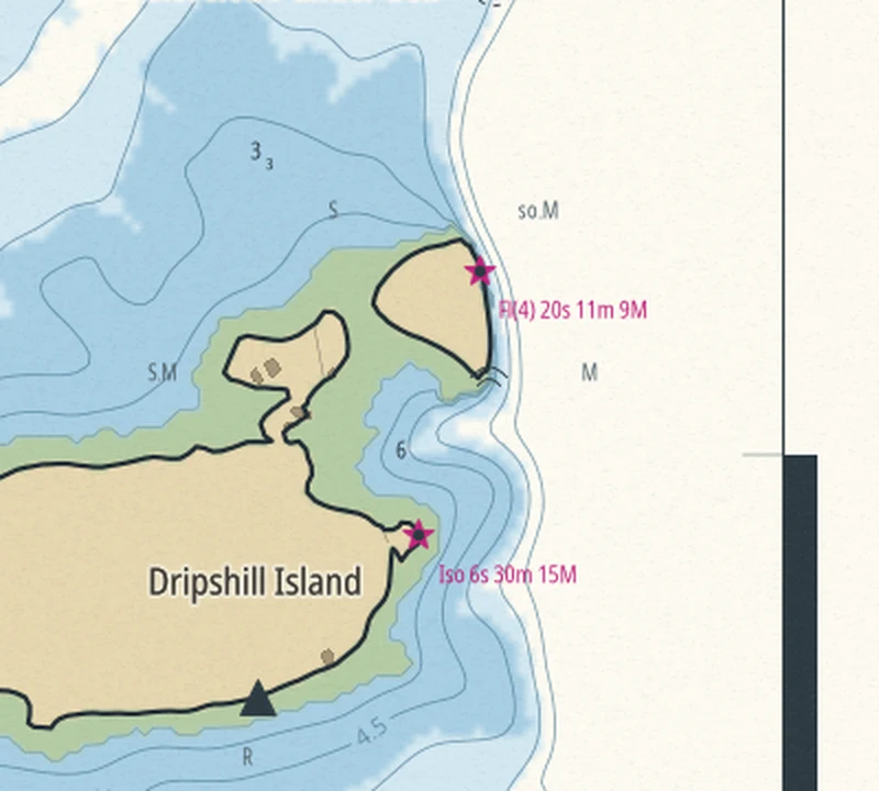 Close-up of a Drowned Coast chart: two lights on Dripshill Island marked with magenta stars and the descriptions Fl(4) 20s 11m 9M and Iso 6s 30m 15M, with soundings and depth contours
