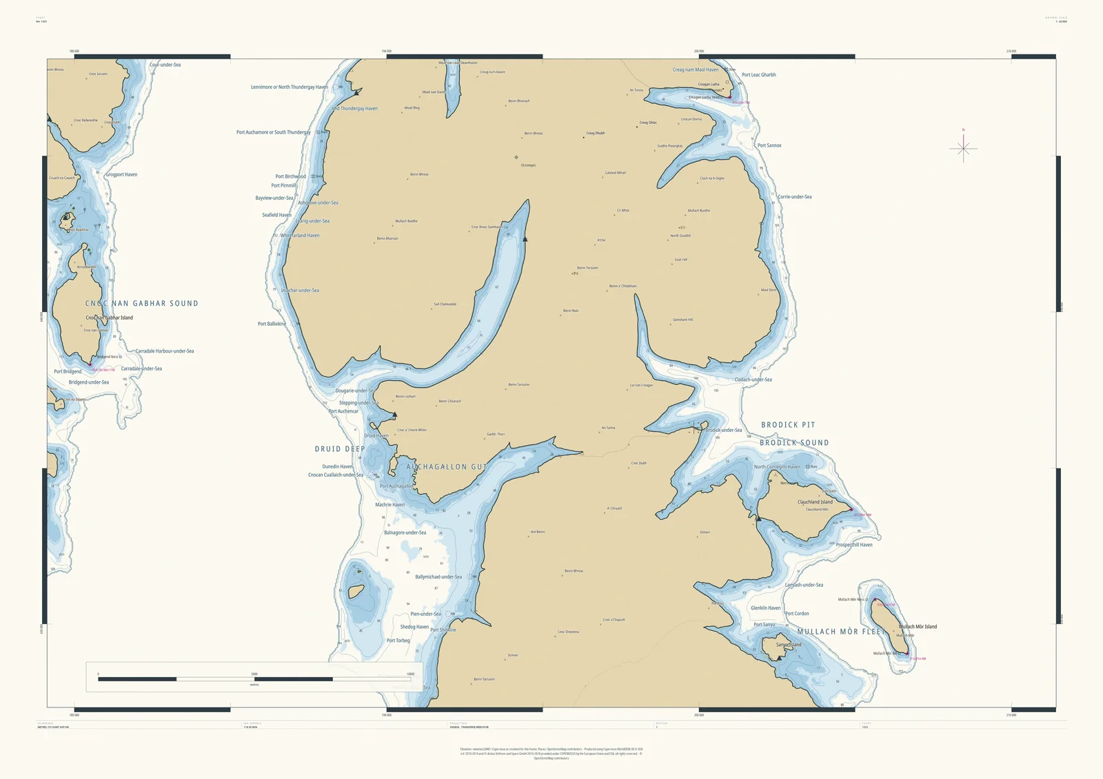 Drowned Coast nautical chart of the Isle of Arran, 33 km across, with the sea raised into the glens, Brodick Sound, Druid Deep, Machrie Haven and Kintyre across Cnoc nan Gabhar Sound