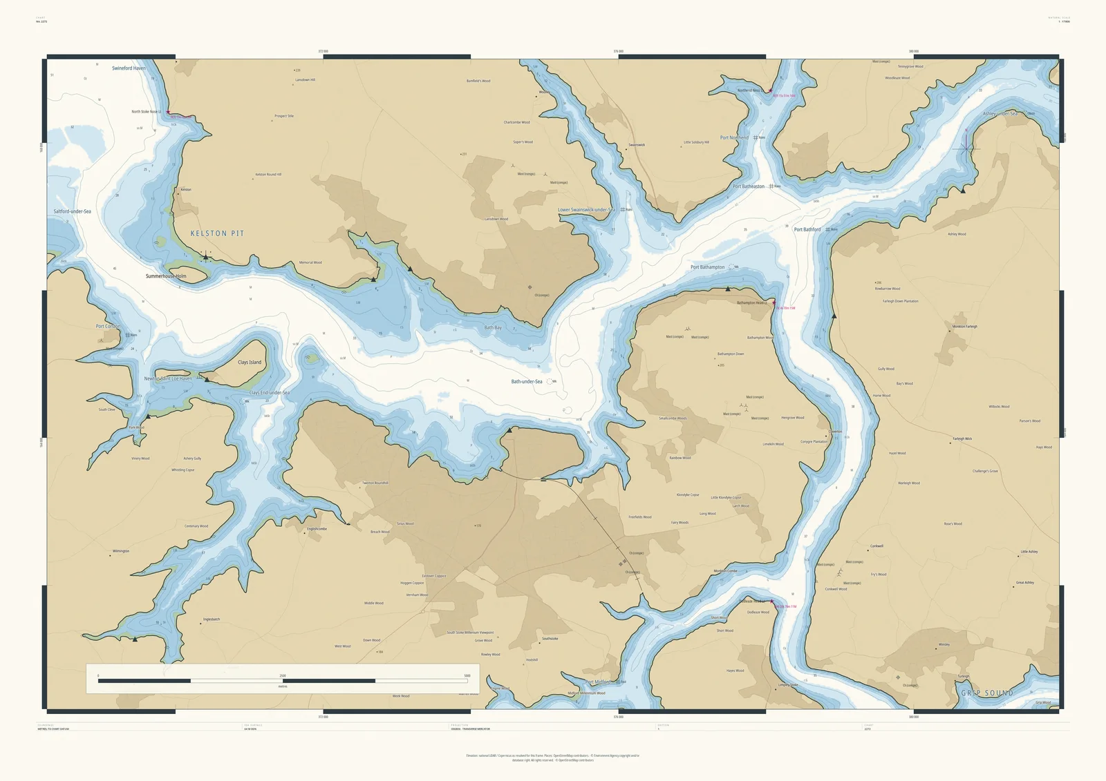 Drowned Coast nautical chart of Bath, with the Avon valley flooded into a winding sound, Bath Bay, Kelston Pit and Port Bathampton