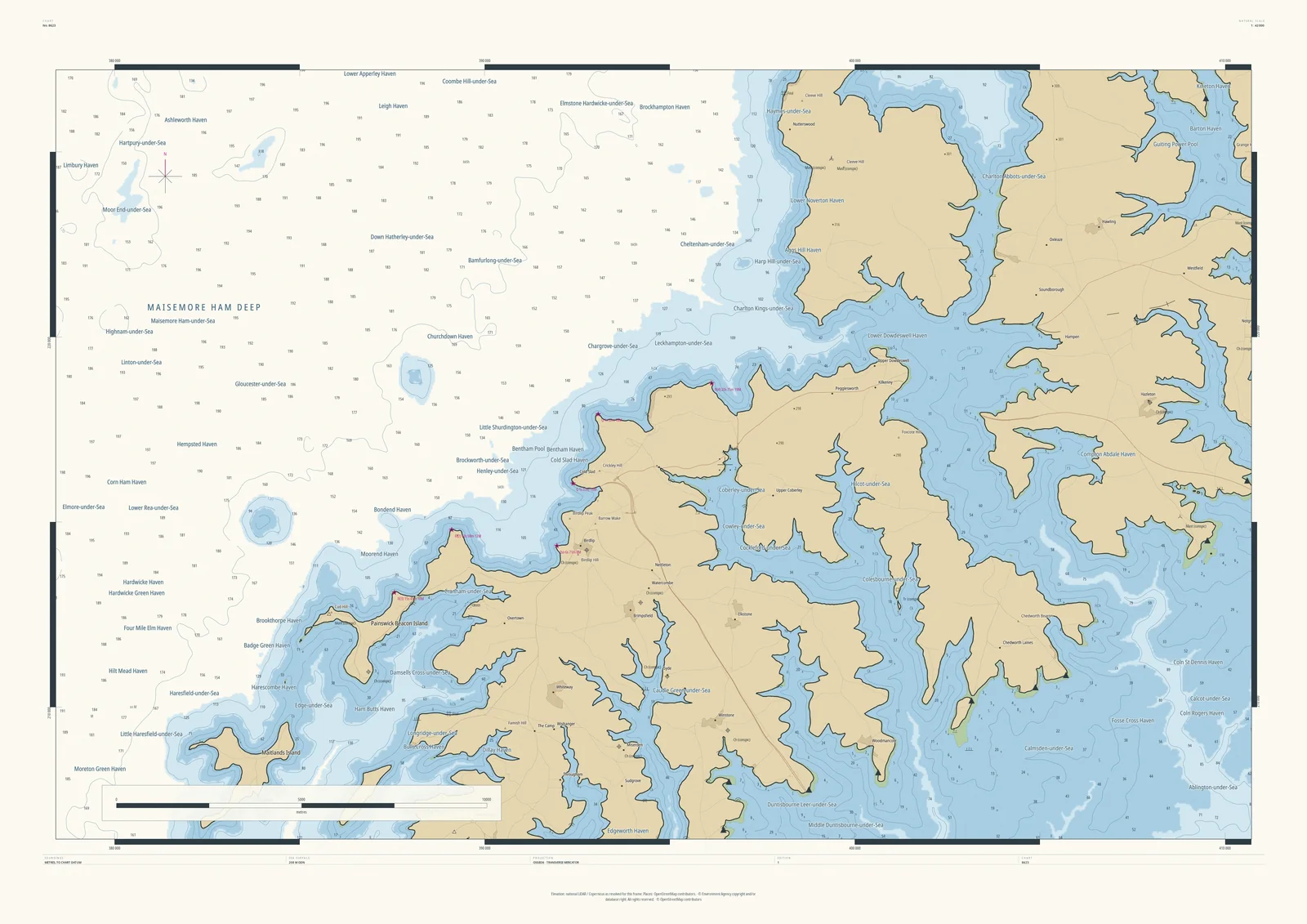 Drowned Coast nautical chart of the Cotswold Edge, 33 km across, with the Severn Vale as open sea named Maisemore Ham Deep, Gloucester-under-Sea and Cheltenham-under-Sea, and the escarpment as a fjord coast