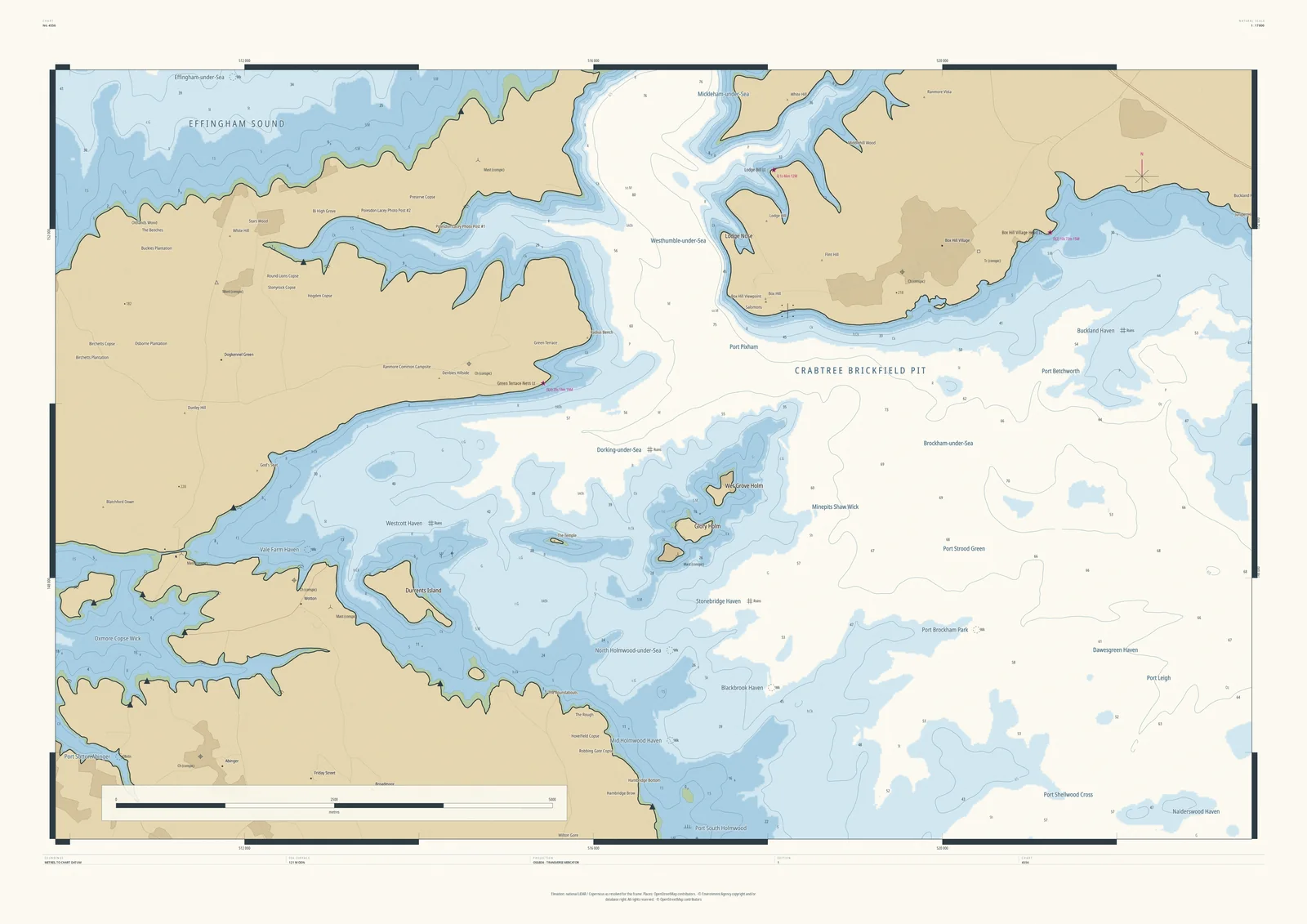 Drowned Coast nautical chart of Dorking and Box Hill, with the Mole Gap and Holmwood flooded, Crabtree Brickfield Pit, Effingham Sound and Dorking-under-Sea
