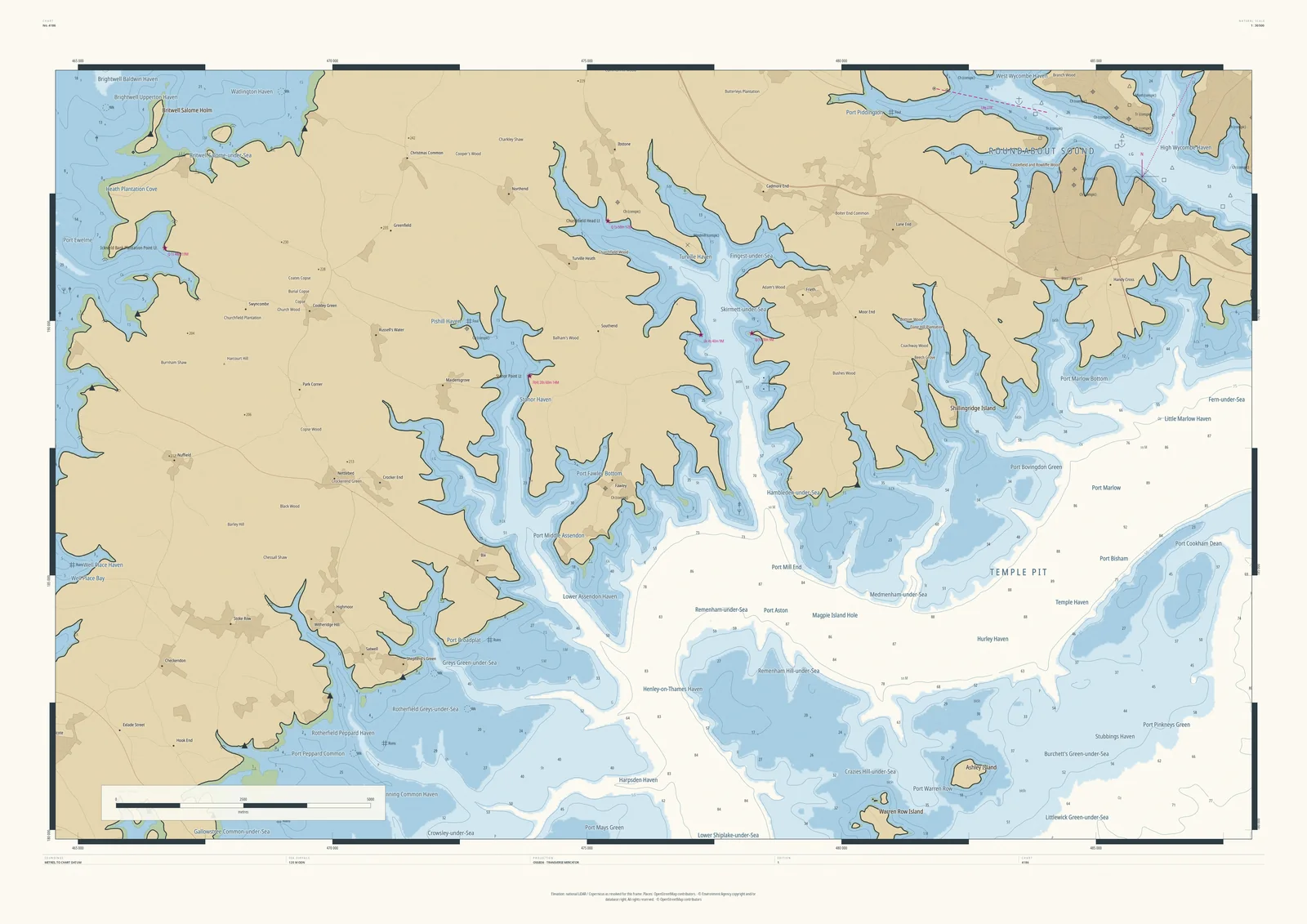 Drowned Coast nautical chart of Henley-on-Thames, with the Thames valley flooded into a branching inlet, soundings, and chart names such as Temple Pit and Henley-on-Thames Haven