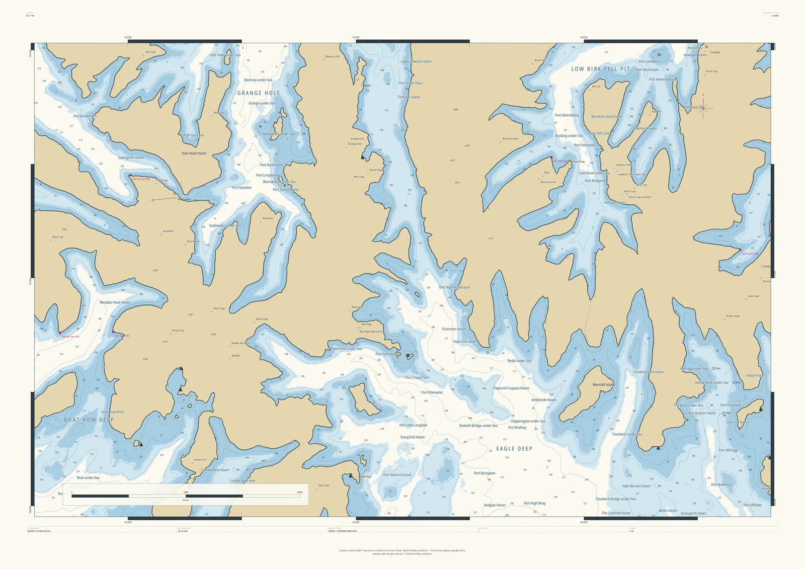 Drowned Coast nautical chart of the central Lake District, 33 km across, with every valley flooded into a fjord, Borrowdale-under-Sea, Grasmere Haven, Port Glenridding and Eagle Deep