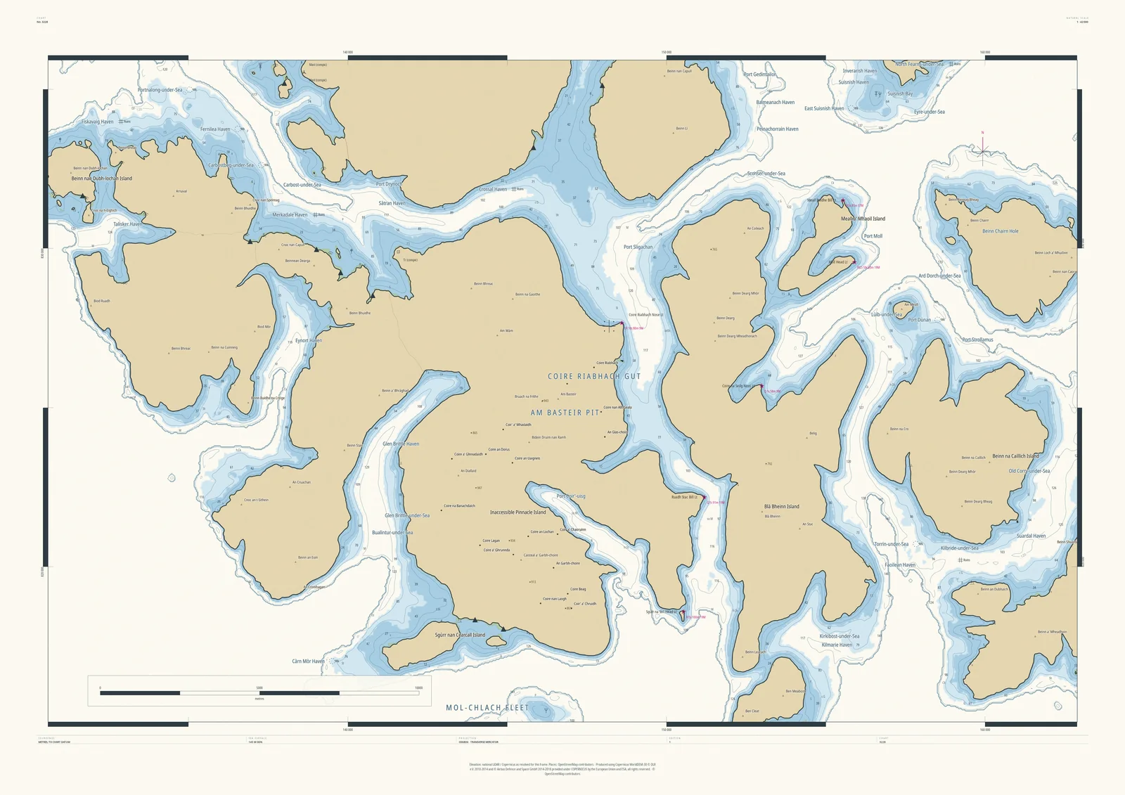 Drowned Coast nautical chart of Skye, 33 km across, with the sea raised so that the Cuillin peaks become islands, including Inaccessible Pinnacle Island and Blà Bheinn Island, and Port Sligachan