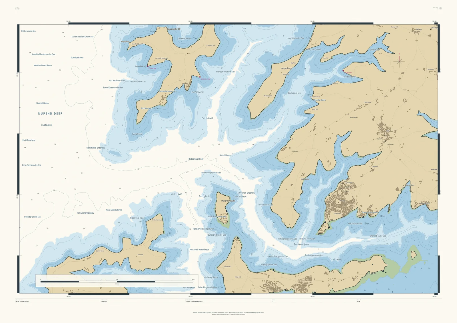 Drowned Coast nautical chart of Stroud, with the Five Valleys flooded into long fjords off Nupend Deep, with the wold tops standing as headlands