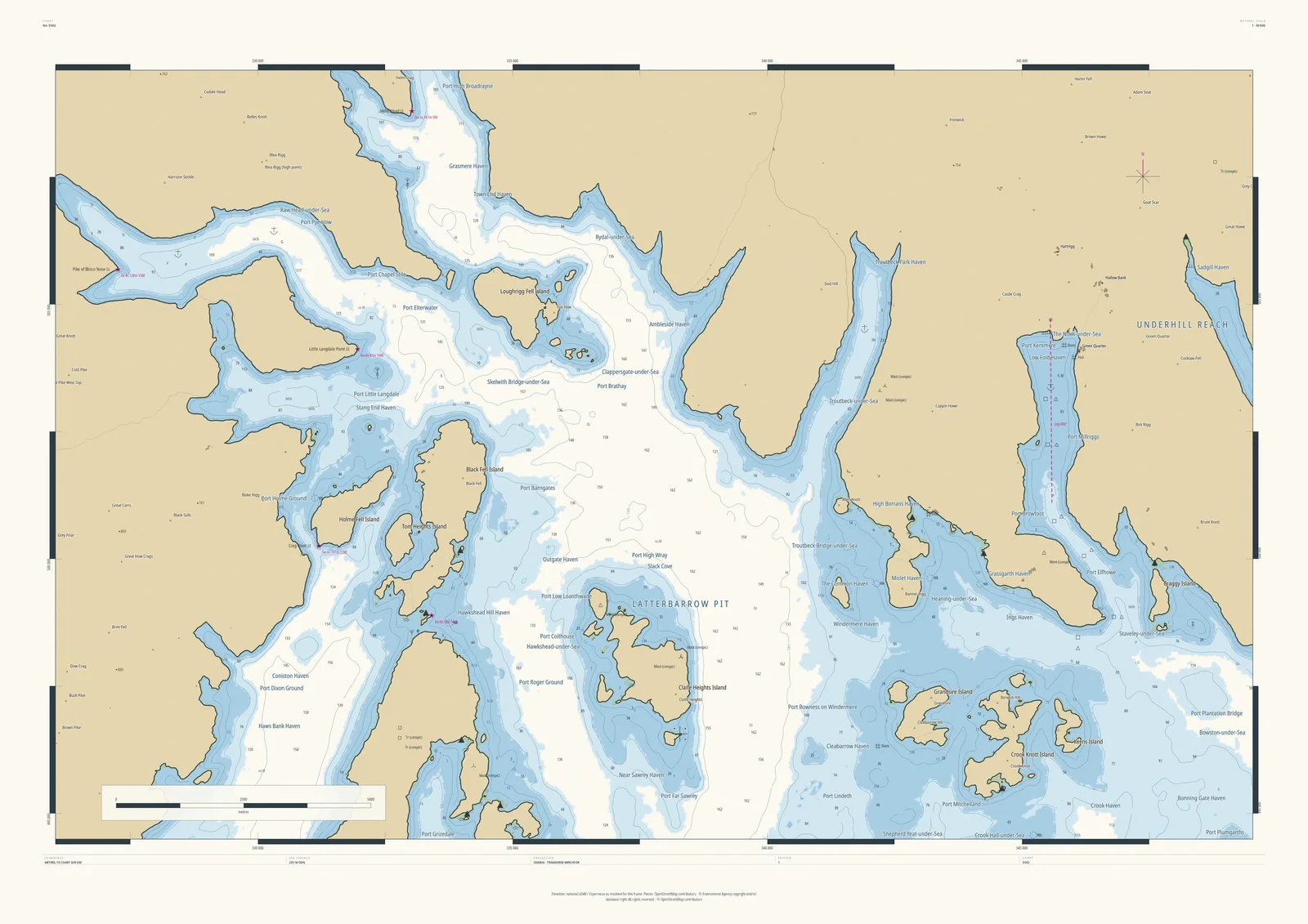 Drowned Coast nautical chart of Windermere and Ambleside, with the lake and its valleys as a sea loch, islands such as Claife Heights Island and Ambleside Haven