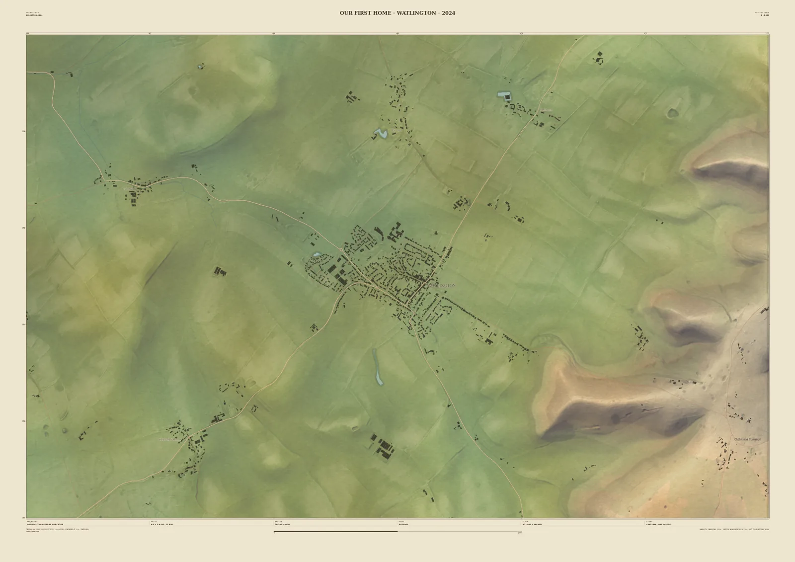 Personalised Field & Fell map print titled ‘Our first home · Watlington · 2024’, showing the town’s streets and buildings with the Chiltern scarp rising to the east
