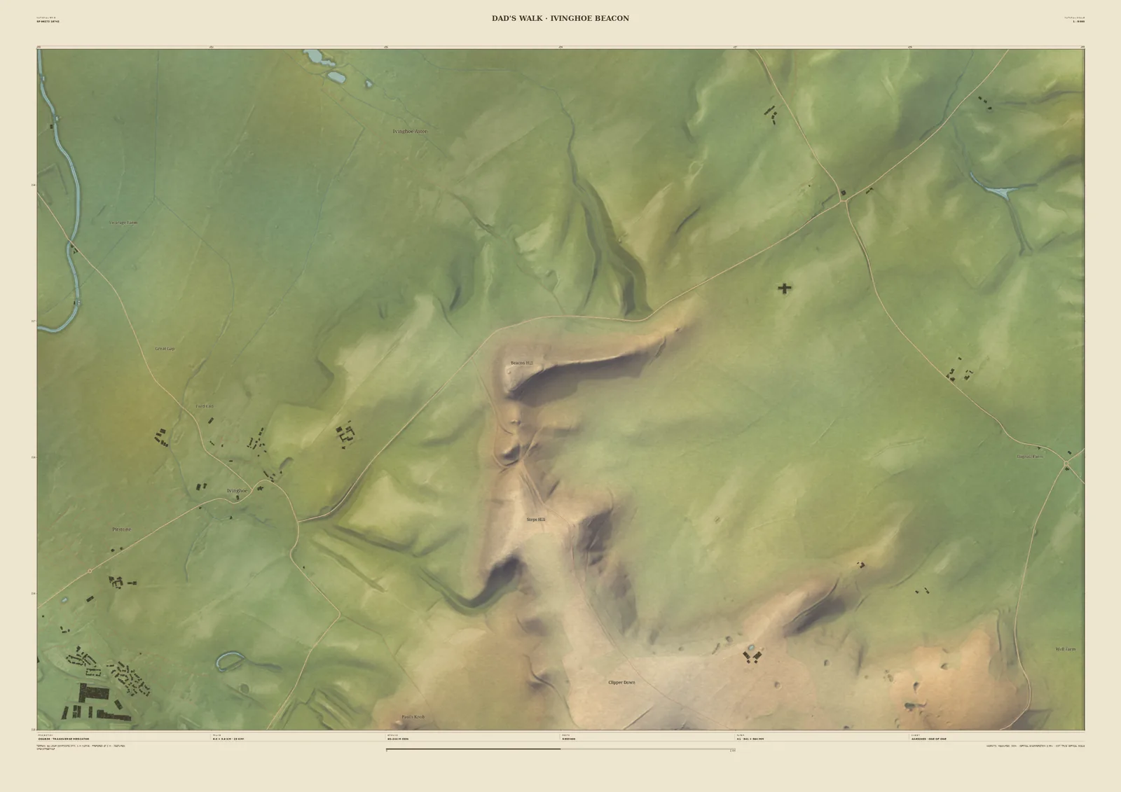 Personalised Field & Fell map print titled ‘Dad’s walk · Ivinghoe Beacon’, showing the chalk hill rising from the vale with the village of Ivinghoe below