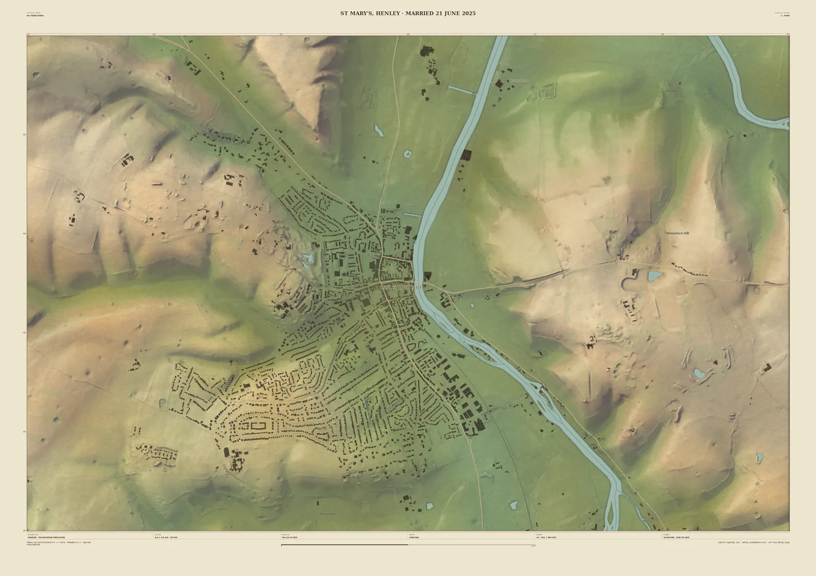 Personalised Field & Fell map print titled ‘St Mary’s, Henley · Married 21 June 2025’, with Henley-on-Thames, its streets and buildings and the Thames at the centre