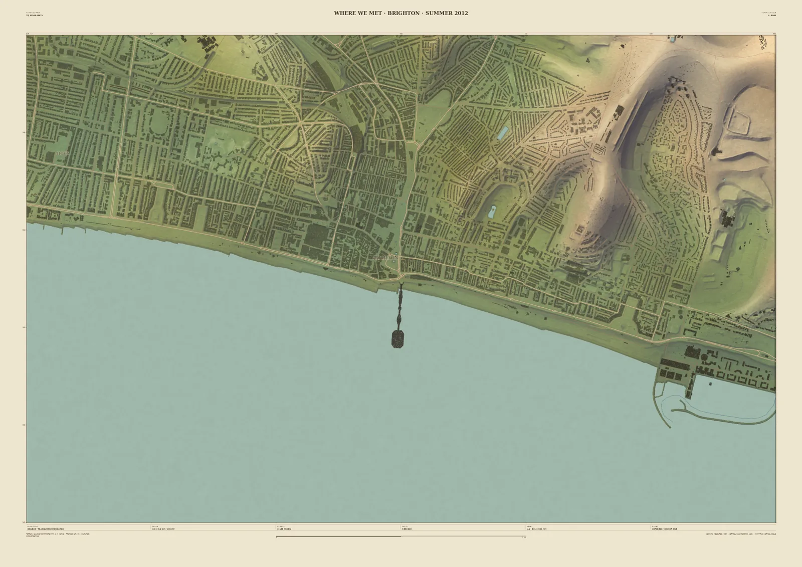 Personalised Field & Fell map print titled ‘Where we met · Brighton · Summer 2012’, with the Palace Pier, the seafront and the streets of Brighton
