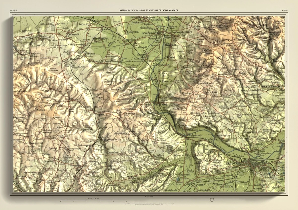 Landscape Bartholomew historic map centred on Streatley with period lettering and modern sculpted terrain shading