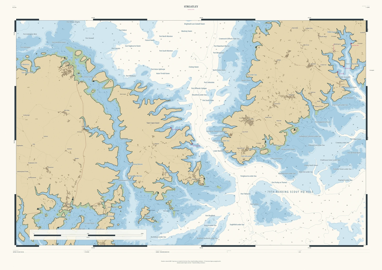 Finished Streatley Drowned Coast print, with pale chart land, blue channels, islands and detailed chart markings