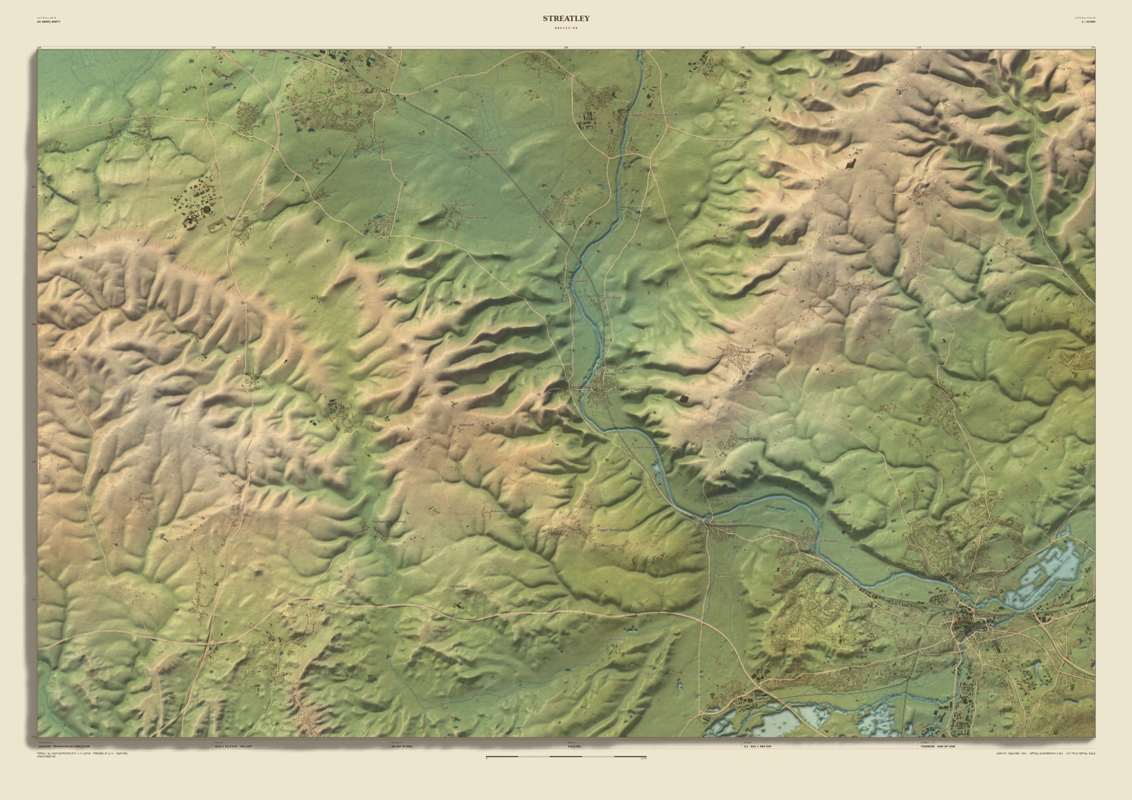 Streatley, 33 kilometres across, in Field and Fell with Sculpted Relief: deeper terrain shadows and a raised-map illusion
