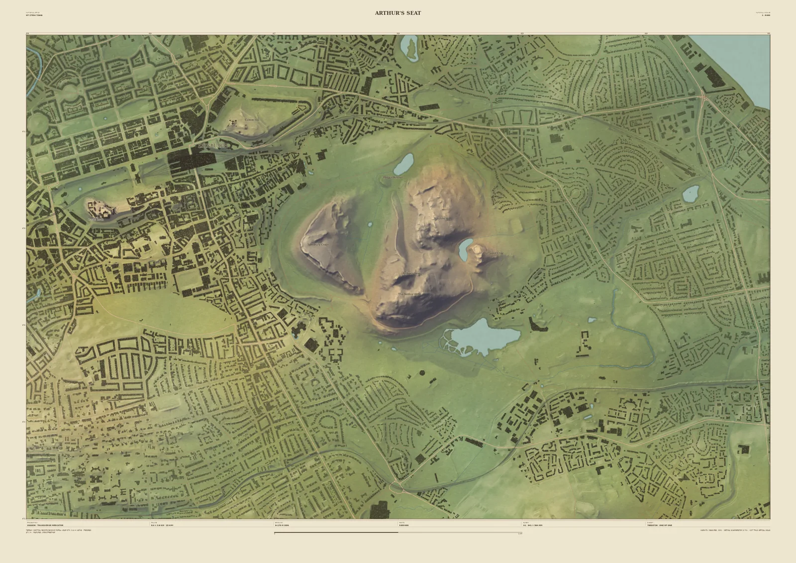 Field & Fell relief map print of Arthur’s Seat and Holyrood Park, with Salisbury Crags, Duddingston Loch and the streets and buildings of Edinburgh around them