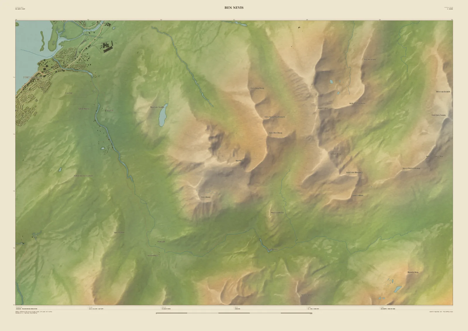 Field & Fell relief map print of Ben Nevis, with Fort William and Loch Linnhe in the corner, Glen Nevis below and Carn Mòr Dearg and the Aonachs to the east