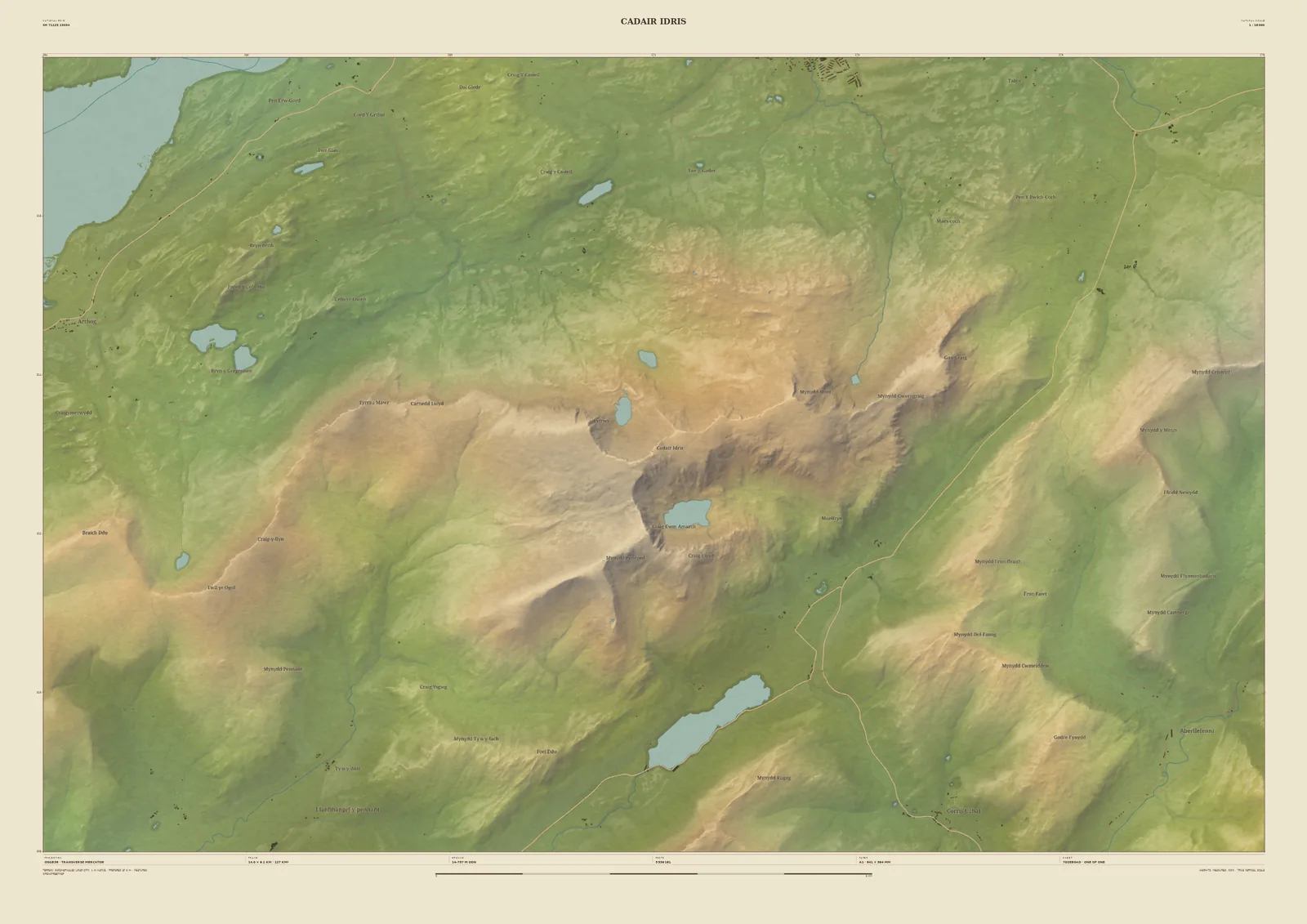 Field & Fell relief map print of Cadair Idris, with Llyn Cau in its cwm, Tal-y-llyn Lake below and the Mawddach estuary in the north-west corner