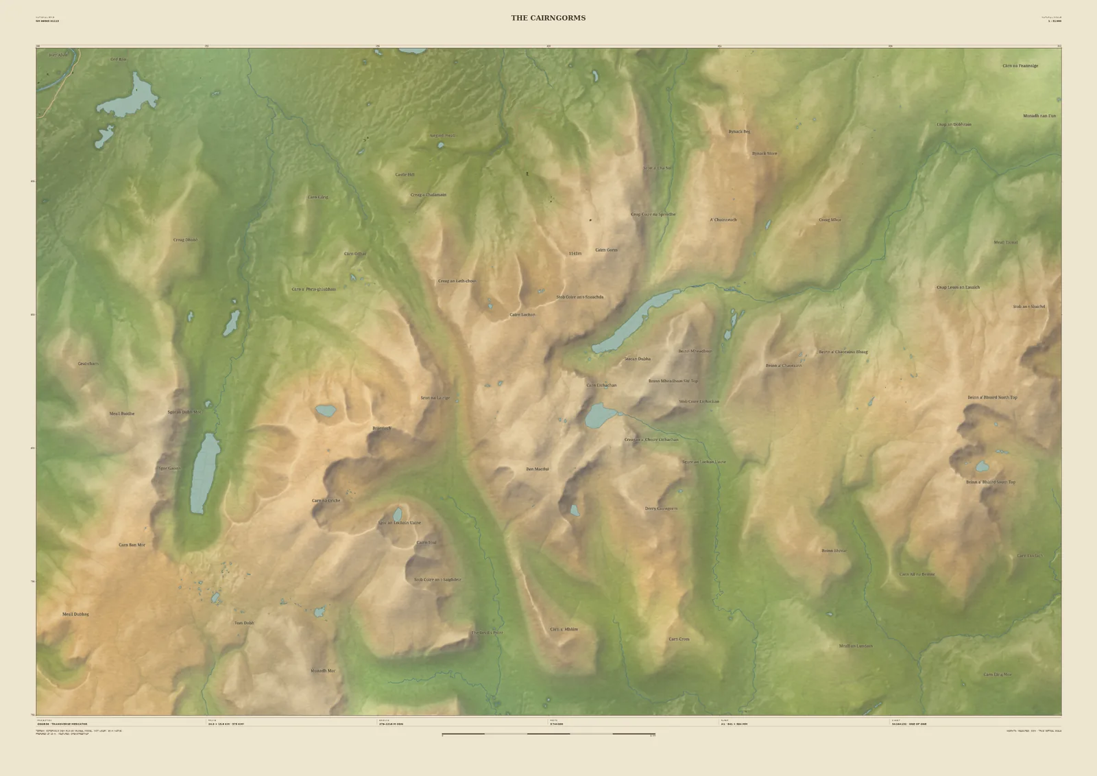 Field & Fell relief map print of the Cairngorms plateau, with Loch Avon, Loch Einich and the Lairig Ghru pass cutting through the hills
