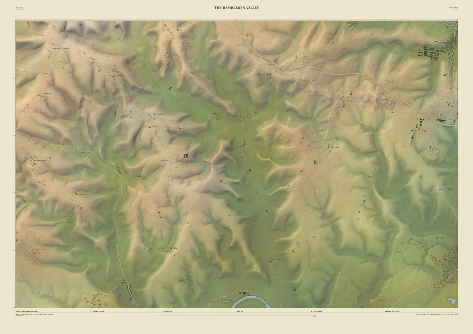 Field & Fell map print of the Hambleden Valley in the Chilterns, 14 km across, with steep wooded valleys running down towards the Thames