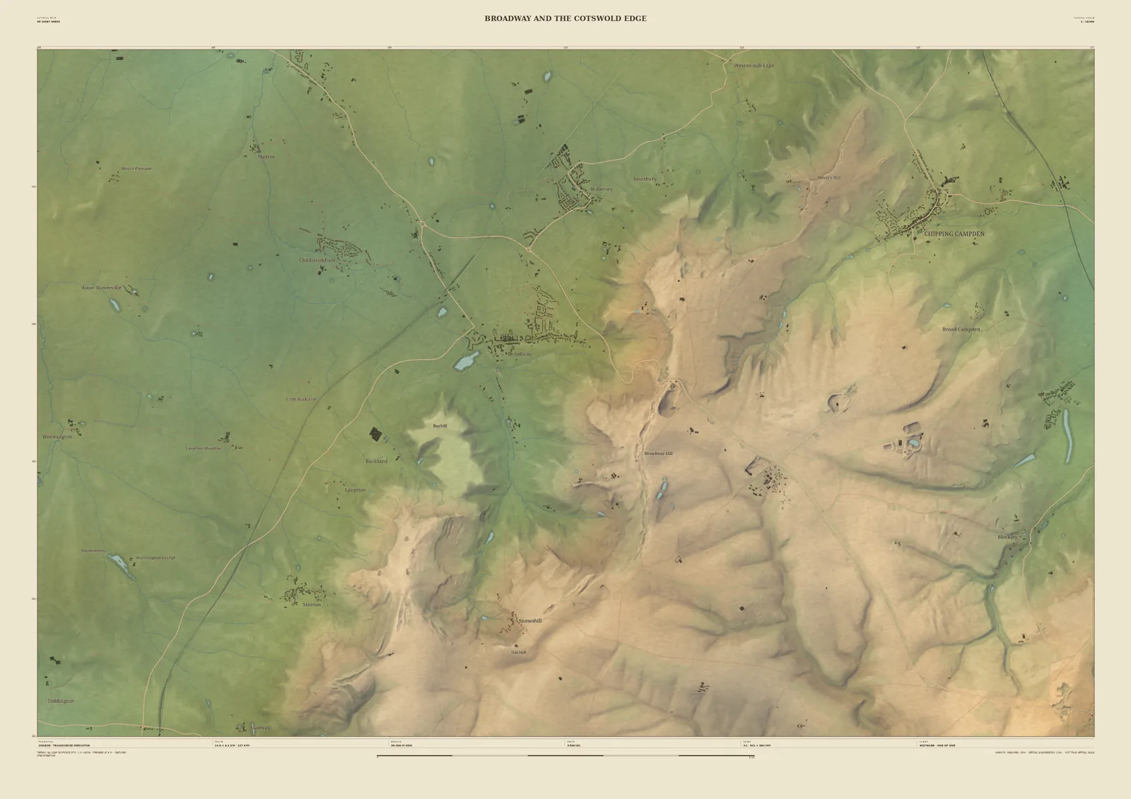 Field & Fell map print of Broadway and the Cotswold Edge, 14 km across, with the escarpment rising from the Vale of Evesham towards Chipping Campden
