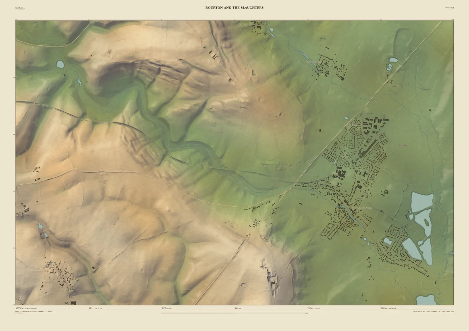 Field & Fell map print of Bourton-on-the-Water and the Slaughters, 6 km across, with the village buildings, the lakes beside it and the wolds to the west