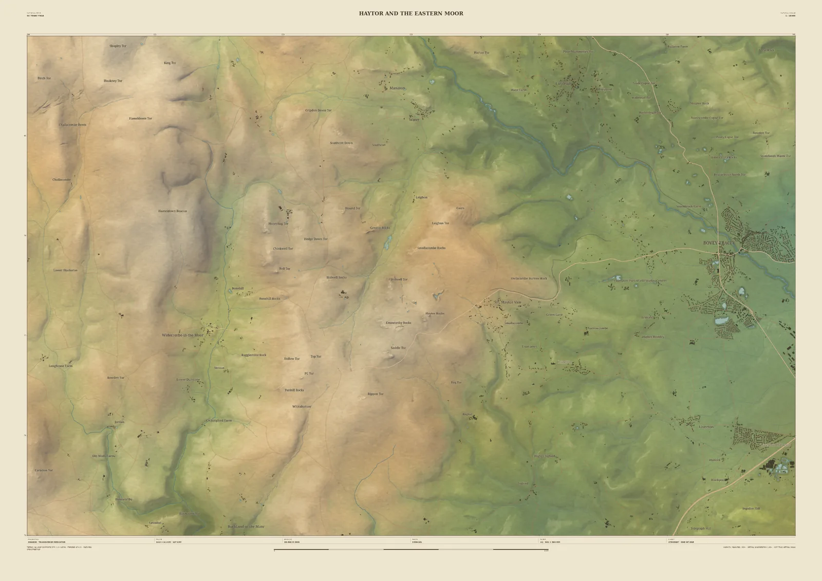 Field & Fell map print of Haytor and eastern Dartmoor, 14 km across, with Widecombe-in-the-Moor, the tors and Bovey Tracey on the edge of the moor