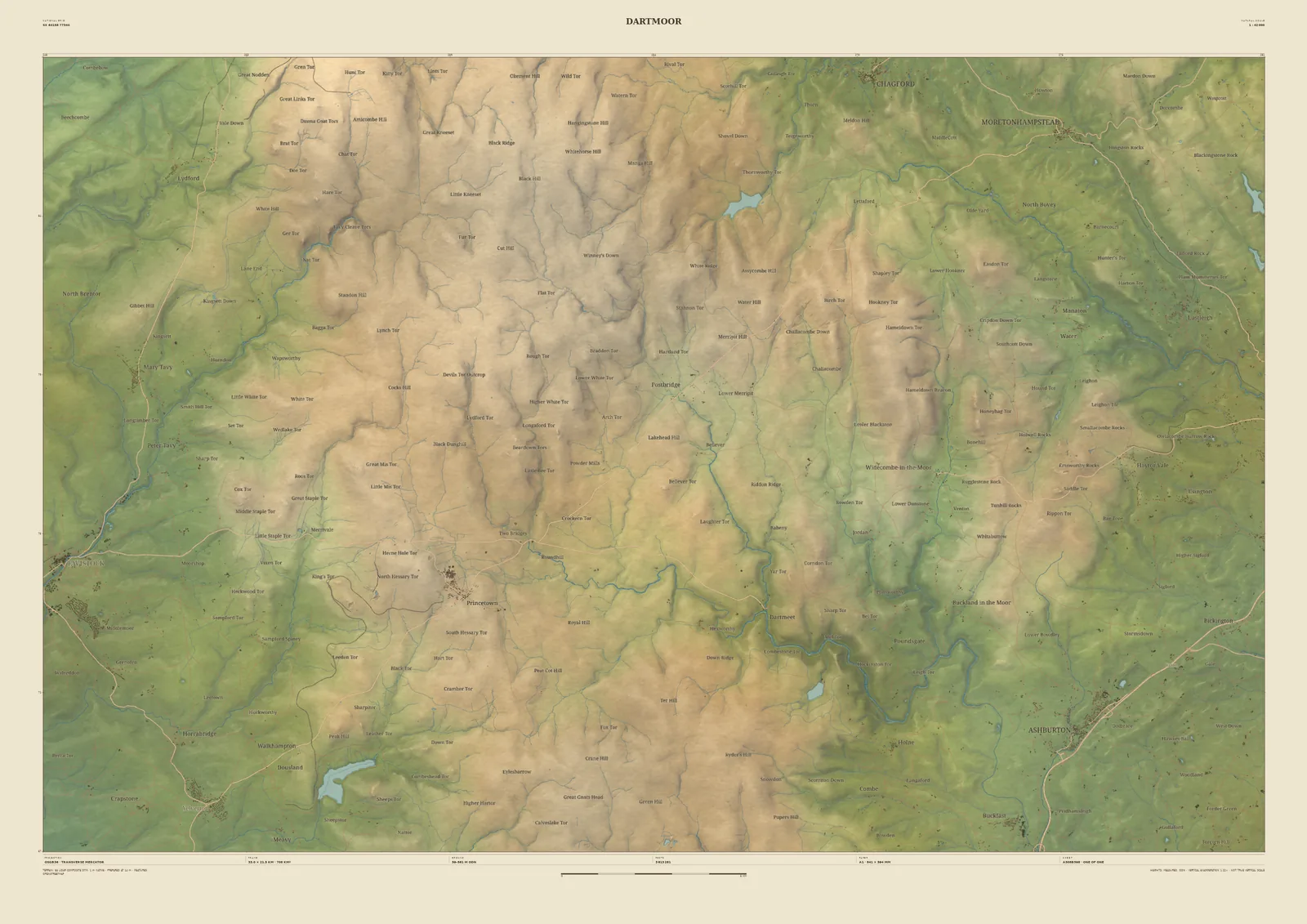 Field & Fell map print of Dartmoor, 33 km across, with named tors across the high moor, Princetown, Burrator Reservoir and the gorge of the Dart