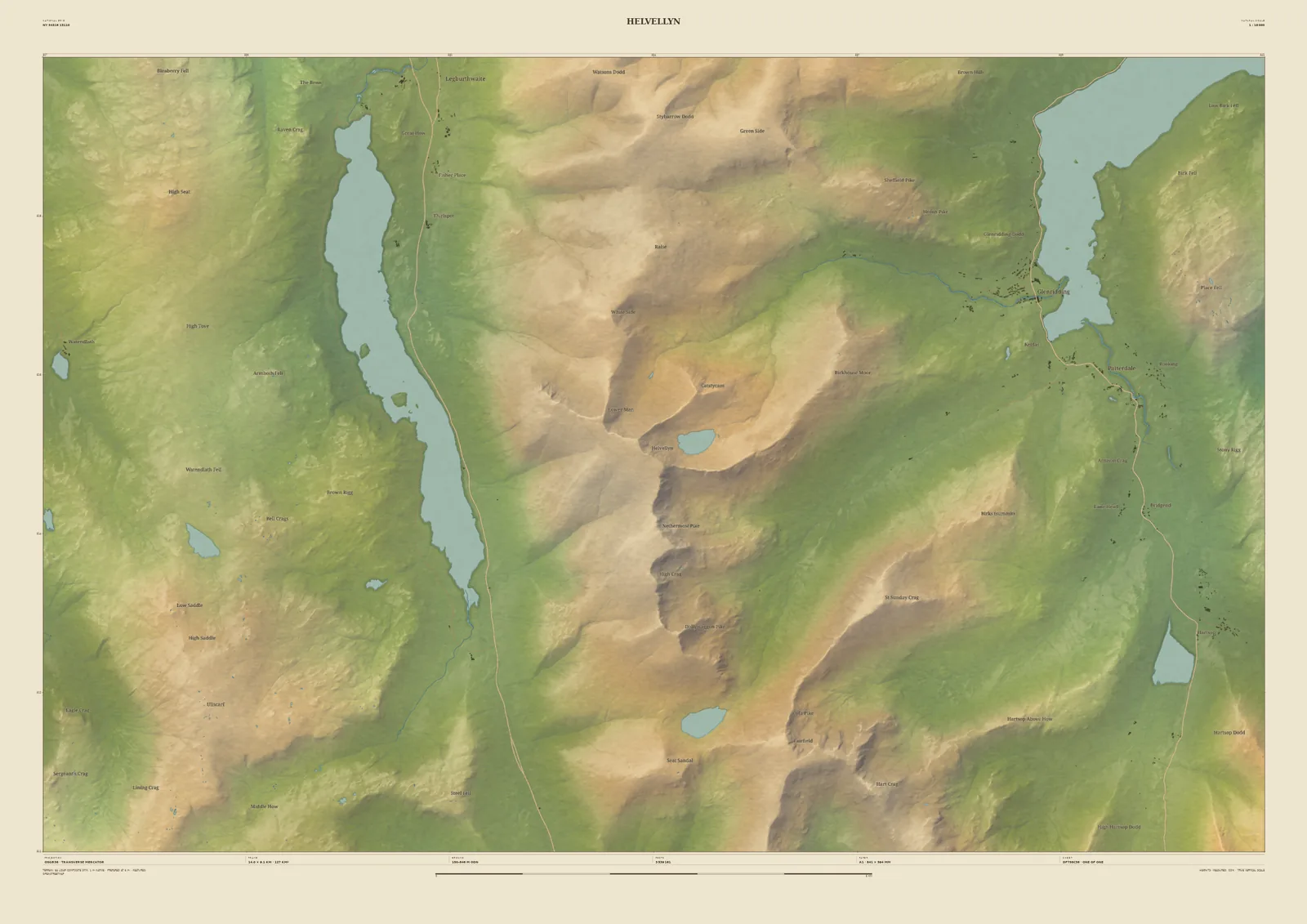 Field & Fell relief map print of Helvellyn, with Thirlmere to the west, Ullswater and Glenridding to the east and Red Tarn below the summit