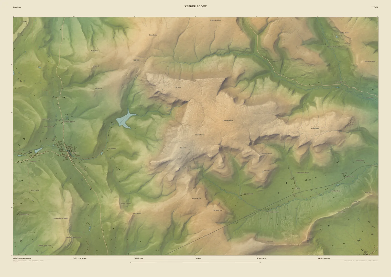 Field & Fell relief map print of Kinder Scout, showing the gritstone plateau with Kinder Reservoir and Hayfield to the west and the Edale valley to the south