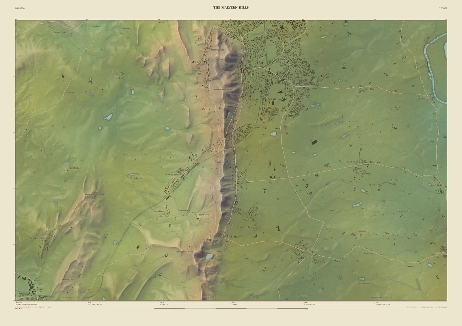 Field & Fell map print of the Malvern Hills, 14 km across, with the narrow ridge running north to south, Great Malvern on its slope and the Severn to the east