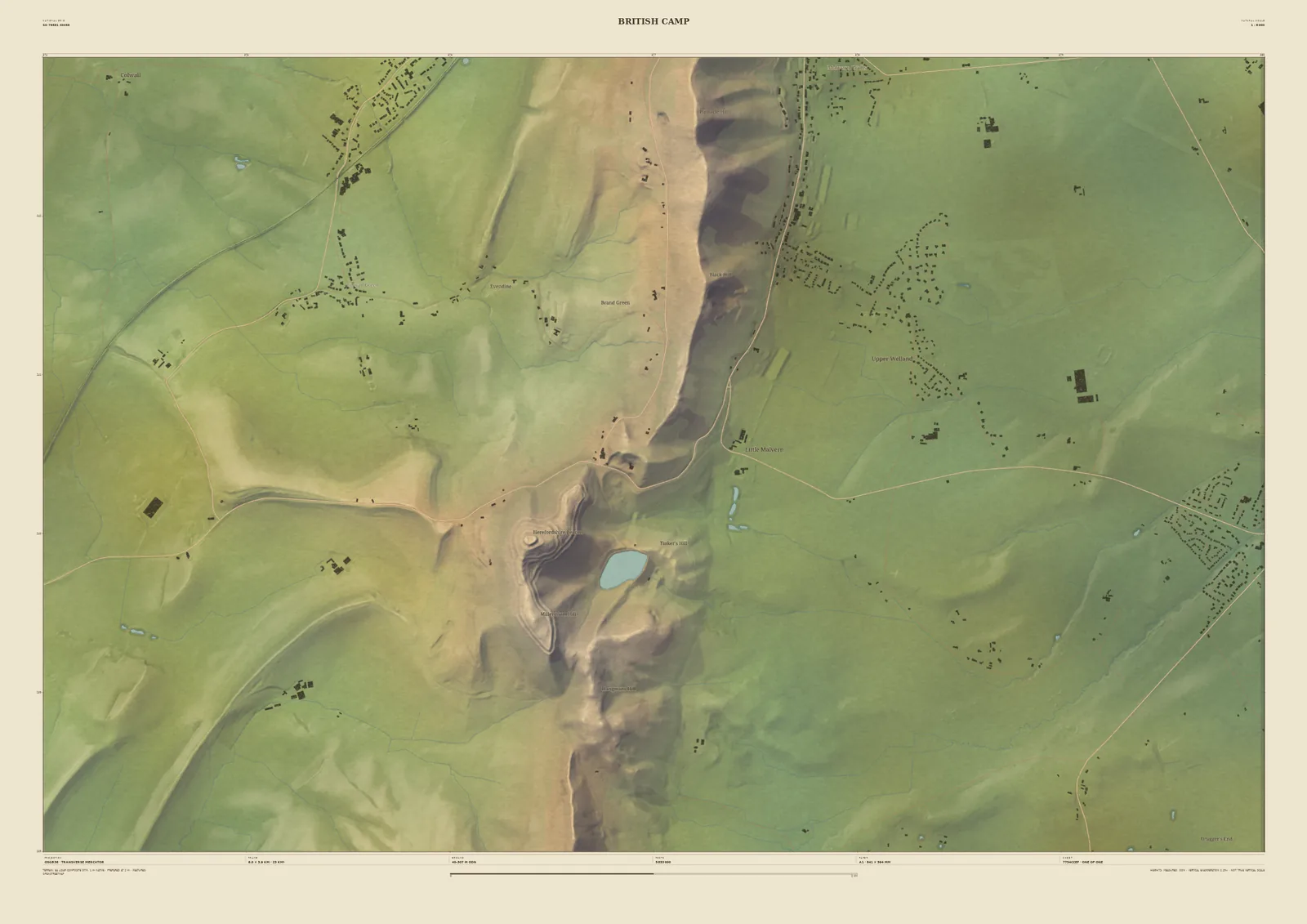 Field & Fell map print of British Camp, 6 km across, with the ramparts of the Iron Age hillfort on the Herefordshire Beacon and the reservoir below