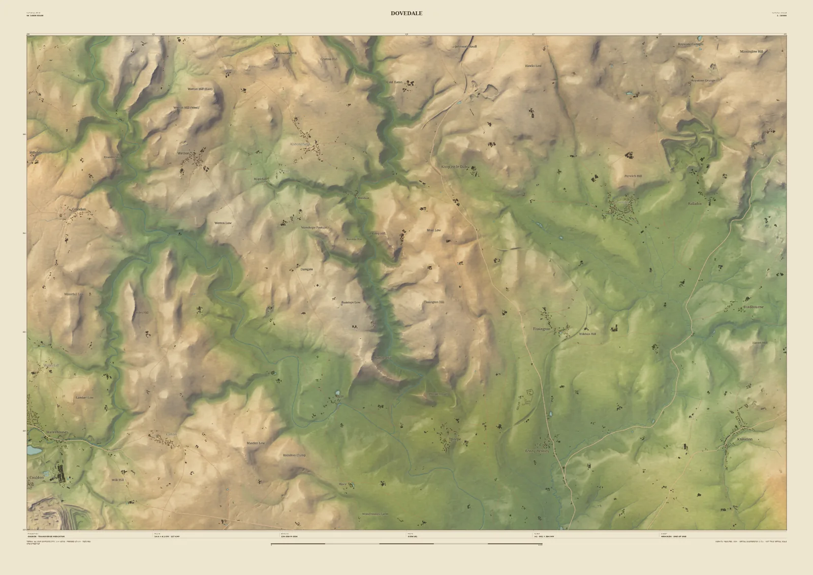 Field & Fell map print of Dovedale, 14 km across, with the deep gorges of the Dove and Manifold cut into the limestone plateau